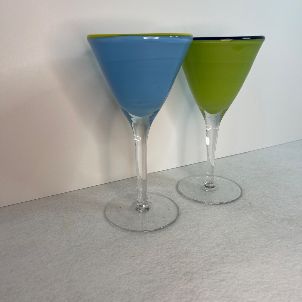 Margarita Martini Cocktail Blown Glass Base Rim Blue and Green Set of 2 - Picture 2 of 12
